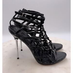 B Brian Atwood Black Studded Cage Heels 8.5 Snakeskin Silver Holiday Party NYE